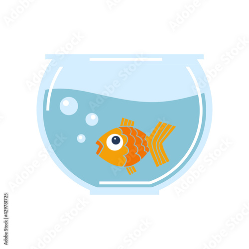 Goldfish in the glass bowl. Cartoon fish in a round aquarium. Flat vector illustration isolated on the white background.