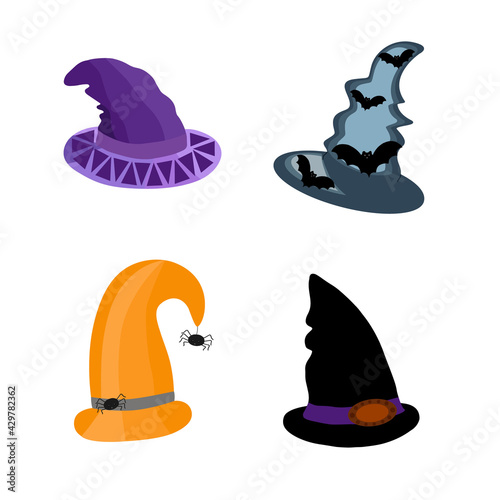 Witch hats festive set, cute fancy magic accessory vector flat style simple illustration, isolated object clipart useful for halloween party decoration, hand drawn image, cartoon spooky character