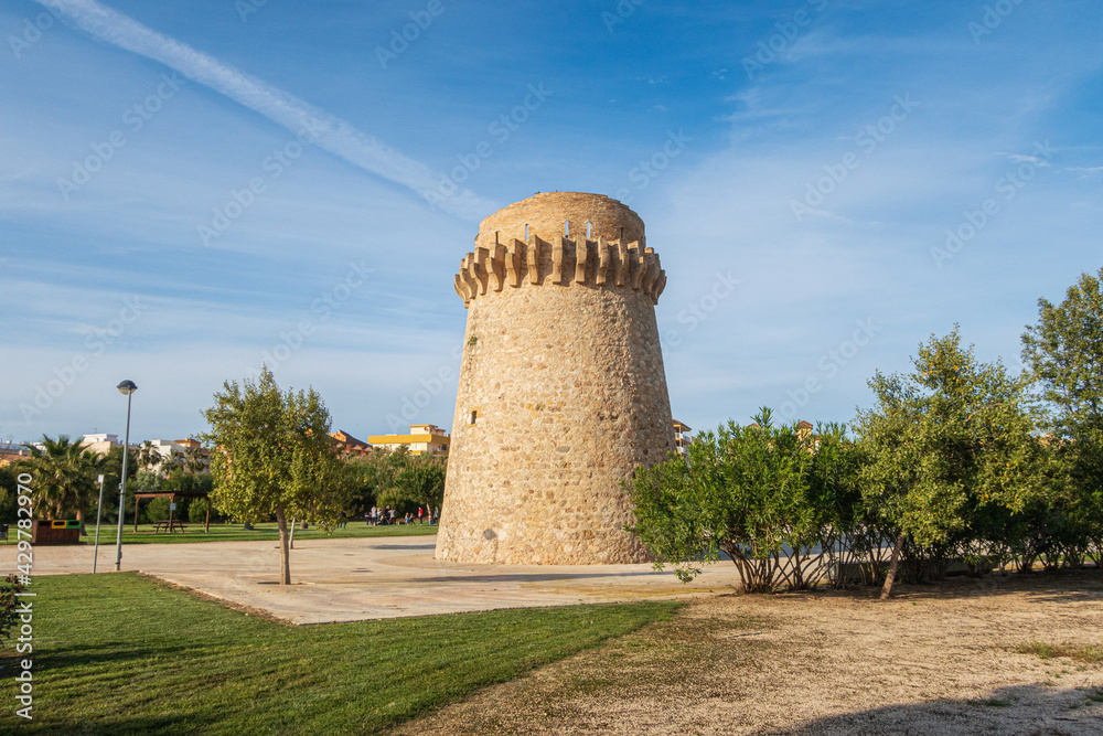 The famous Torre de Piles, on Piles beach, an old watchtower, now restored and located in a beautiful park.