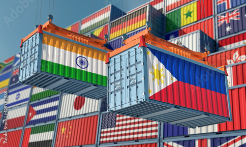 Freight containers with India and Philippines national flags. 3D Rendering 