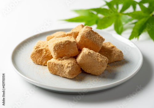 Warabi mochi placed on a white background