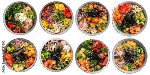 Isolated assorted variety of hawaiian poke bowls menu design collage photo