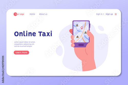 Hand holds the phone, uses the taxi application. Concept of taxi service, geolocation, using phone, driver, homecoming, online taxi. Vector illustration in flat design for mobile app, web banner.