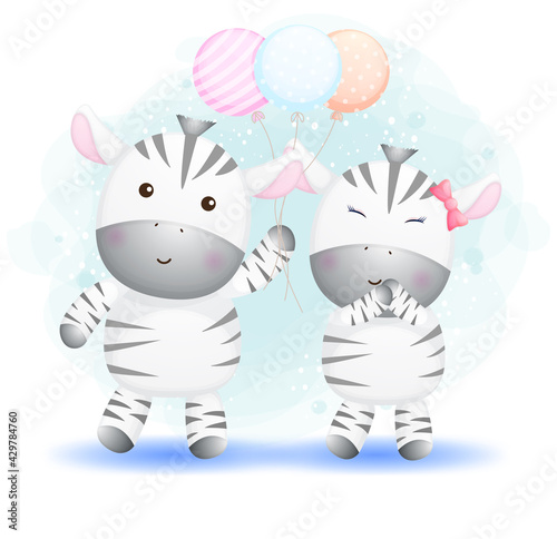 Cute doodle zebra couple cartoon character Premium Vector