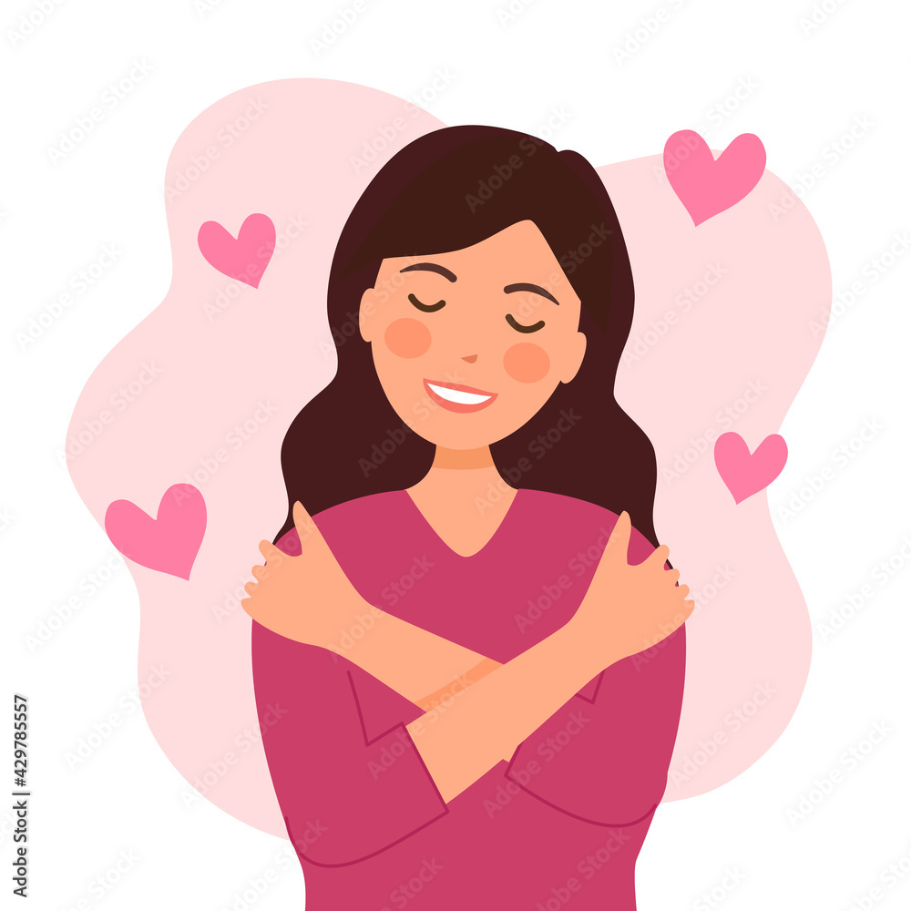 Self love concept vector illustration. Young pretty woman hugging herself with pink heart shape around in flat design. Happiness. Self love concept vector illustration. Young pretty woman hugging herself with pink heart shape around in flat design. Happiness.