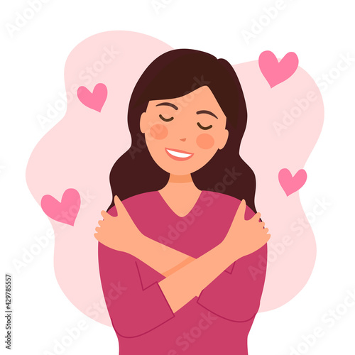 Self love concept vector illustration. Young pretty woman hugging herself with pink heart shape around in flat design. Happiness.