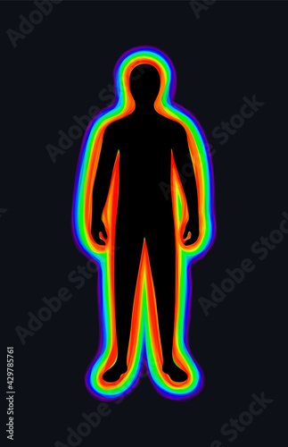 The aura of the body. The rainbow color marks the layers of the male body. The etheric, emotional, metallic, astral, celestial, and causal layers. Black background. Vector