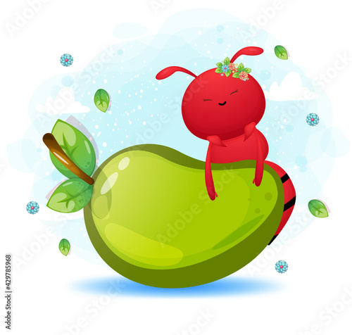 Cute ant behind a big mango cartoon character Premium Vector