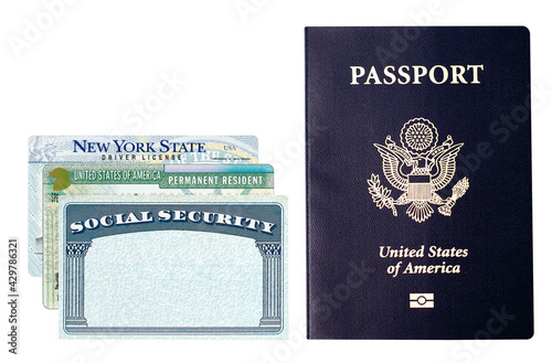 Canvas Print US American Passport, social security card, green card and New York City driver license isolated on white background including clipping path