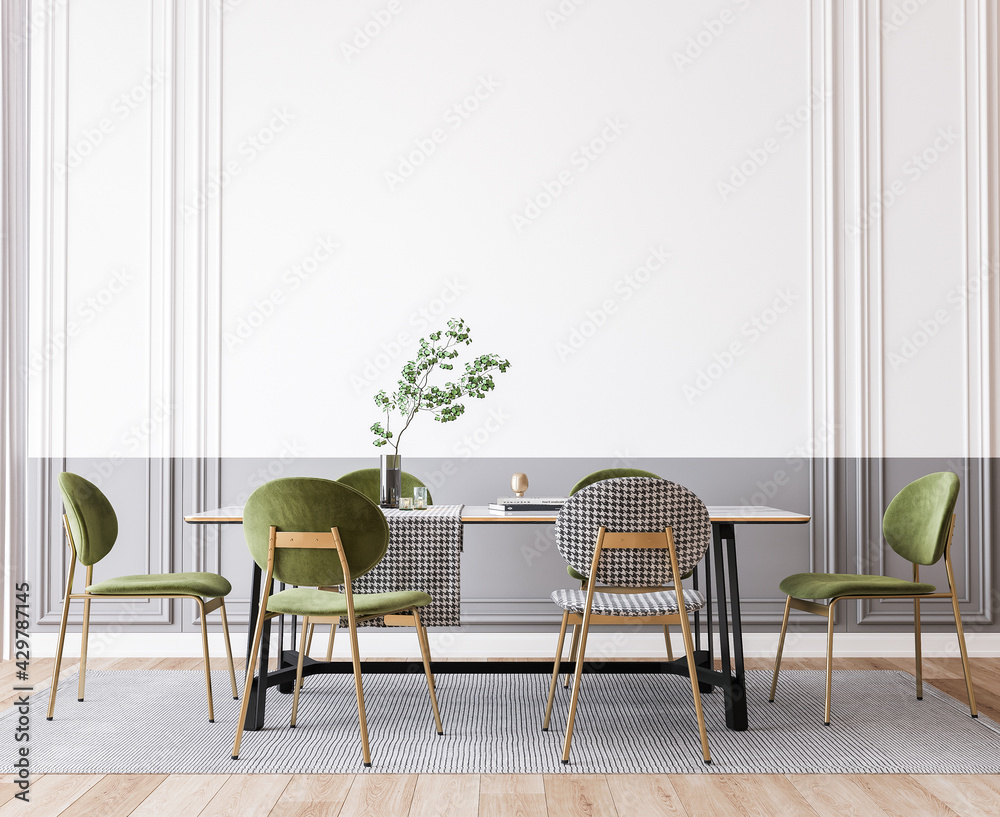 Interior design of modern dining room with green furniture, black and ...