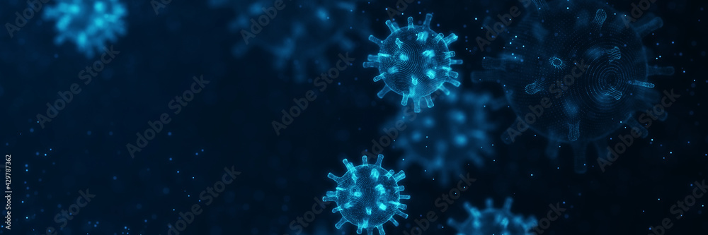 Covid-19 virus abstract illustration on black blue background. Molecular illustration. 3d rendering - obrazy, fototapety, plakaty 
