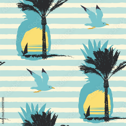 Vector Seamless pattern on the theme of sea summer recreation with silhouettes of pineapples, palm trees and surfers at sunset or sunrise on a blue striped backdrop. Travel background in retro style photo