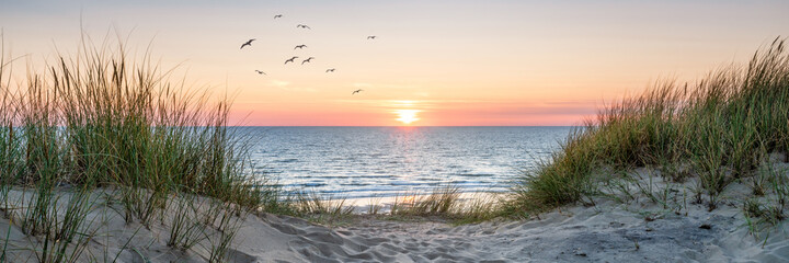 Ingelijste posters Meloenkleur Duinstrand bij zonsondergang panorama  © eyetronic