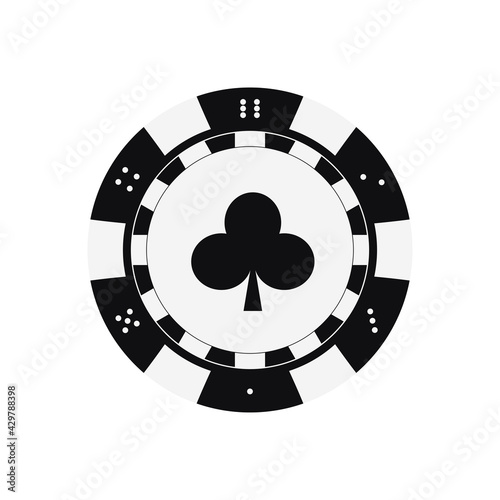 Poker game chip with clubs card suits. Black and white casino token icon isolated on white background. Vector simple flat design cartoon style clip art illustration. 