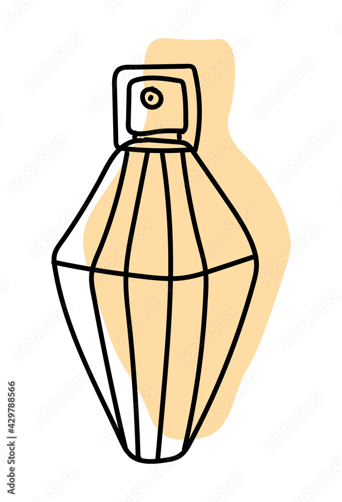 Illustration of a perfume bottle in line style. With a background of pastel colors in the form of a silhouette of perfume.