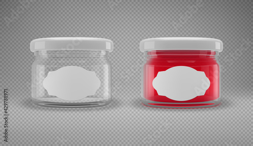 Small glass jam jar with a lid. Realistic 3D illustration. Vector