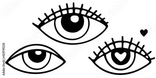 Hand drawn magical eyes in doodle style. Stylized tattoo art. Abstract human eyes with eyelashes. Conceptual printing design. Black outlines isolated on a white  background. Vector stock illustration.