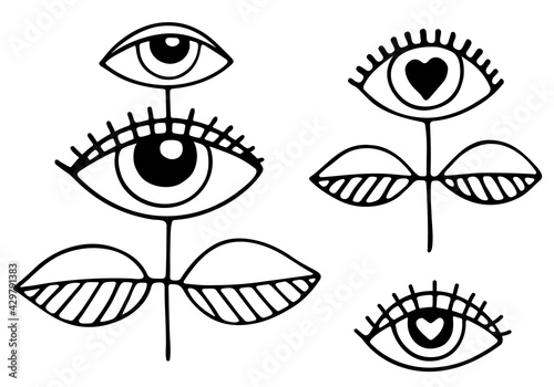 Hand drawn abstract mystical plants with eyes and leaves. Magical eyes with hearts inside. Stylized tattoo art. Conceptual printing design. Vector stock illustration isolated on a white background. 