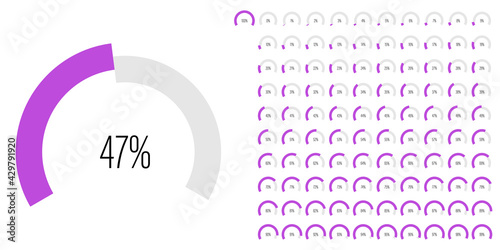 Set of circular sector arc percentage diagrams meters progress bar from 0 to 100 ready-to-use for web design, user interface UI or infographic - indicator with purple