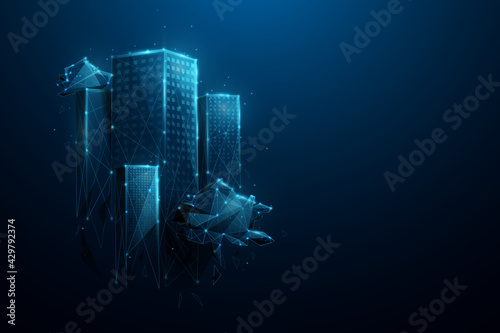 Futuristic city. Smart city. Environment and Ecology concept. Low poly, geometric, wire, Particles, lines, and triangles outline. Vector illustration
