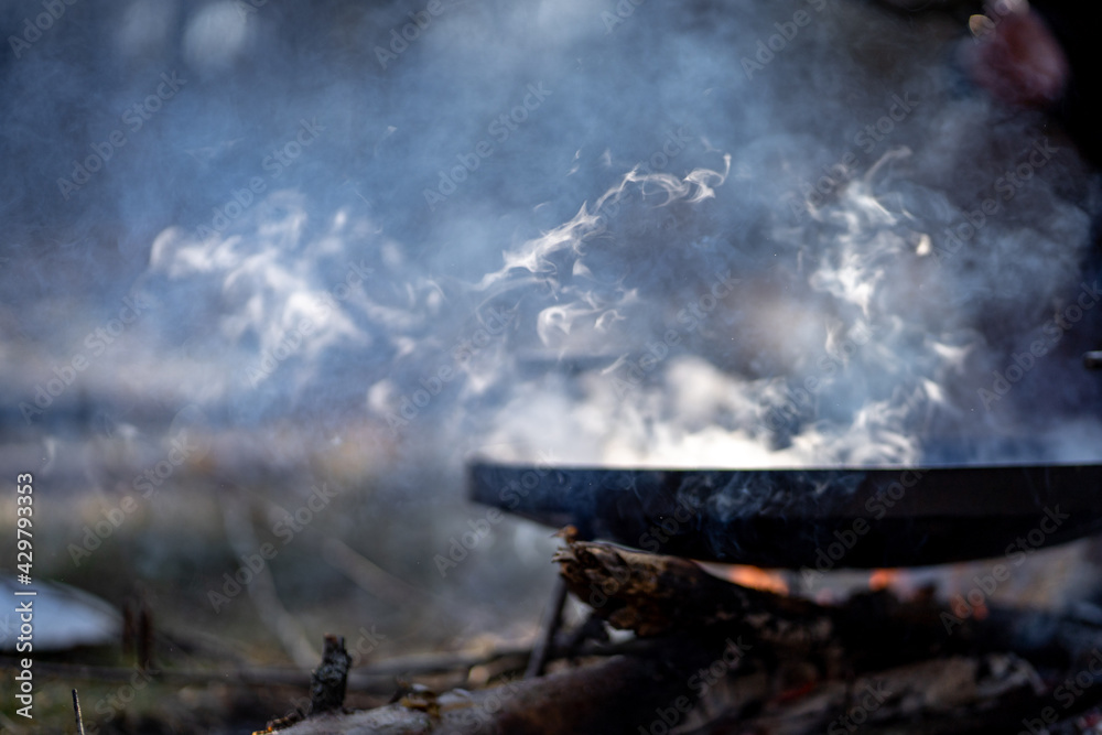 cooking in the forest nature campfire with smoke and sun