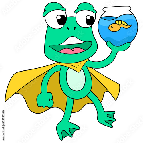 Green frogs are happily taking care of a pet tadpole in the aquarium, doodle icon image kawaii