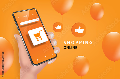 Canvastavla A hand is holding a smartphone with a shopping cart icon and a thumbs up icon fl
