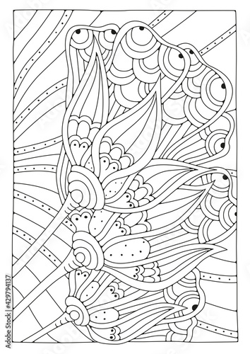 Line art. Three large flowers. Coloring page. Vector illustration for coloring. Hobby. Art therapy.