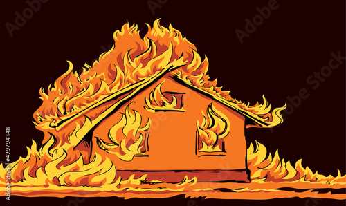 Burning house. Vector drawing sketch