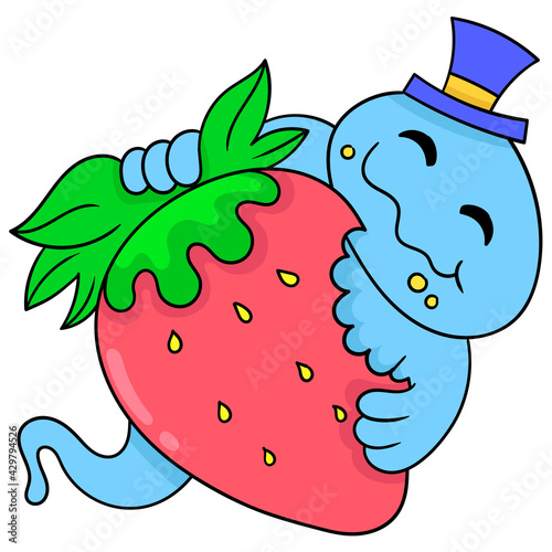 a cute creature hugging a strawberry chewing voraciously, doodle icon image kawaii