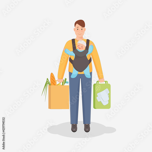 A young father with a baby in a baby  carrier bag holds eco diapers and products in eco paper packaging. Dad and baby come back from the store.