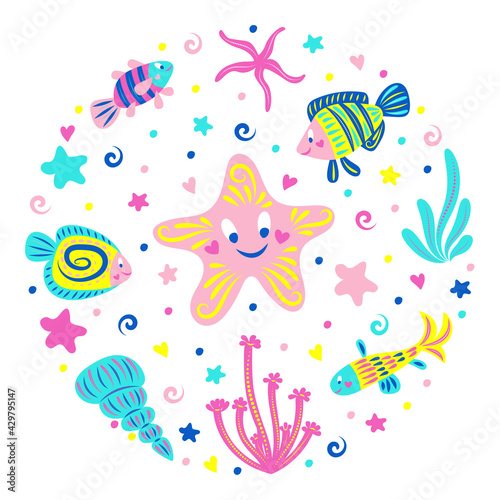 Underwater world: starfish, fish, shell and algae. Cartoon characters. Children's illustration for your design. © Mary Iriskina