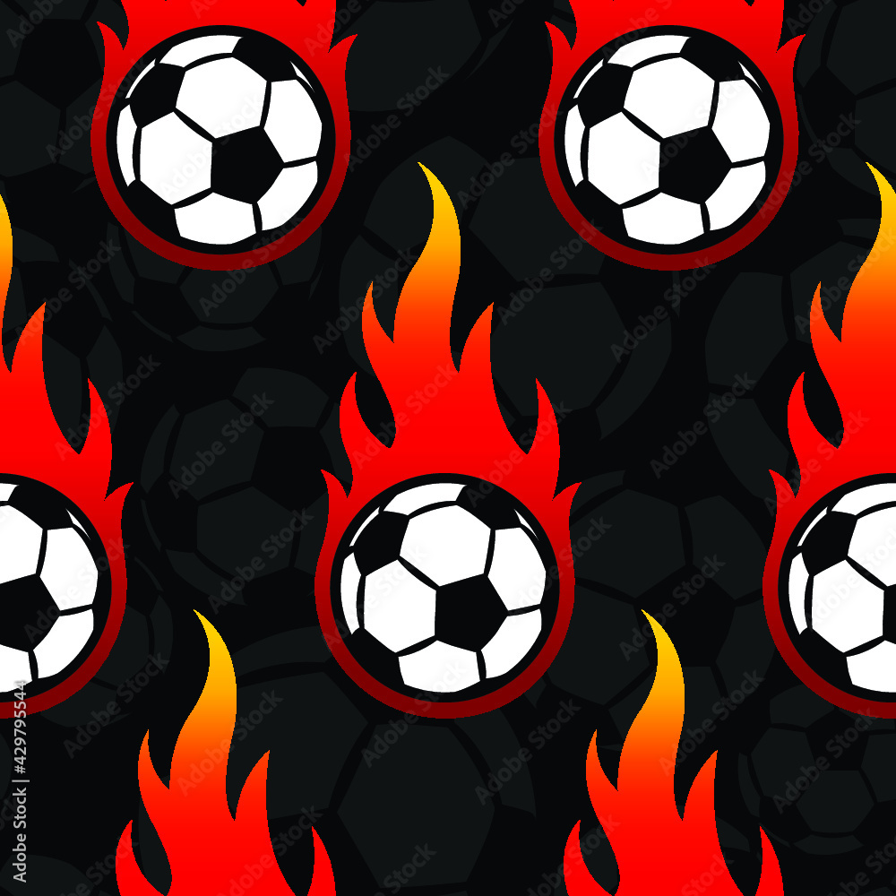 Fototapeta premium Seamless pattern with football soccer ball icons and flames. Vector illustration. Ideal for wallpaper, wrapping, packaging, fabric design and any kind of decoration.