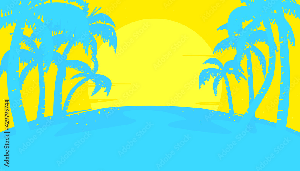 Background of tropical palm trees with beautiful sunset scene. Vector illustration of summer vacation