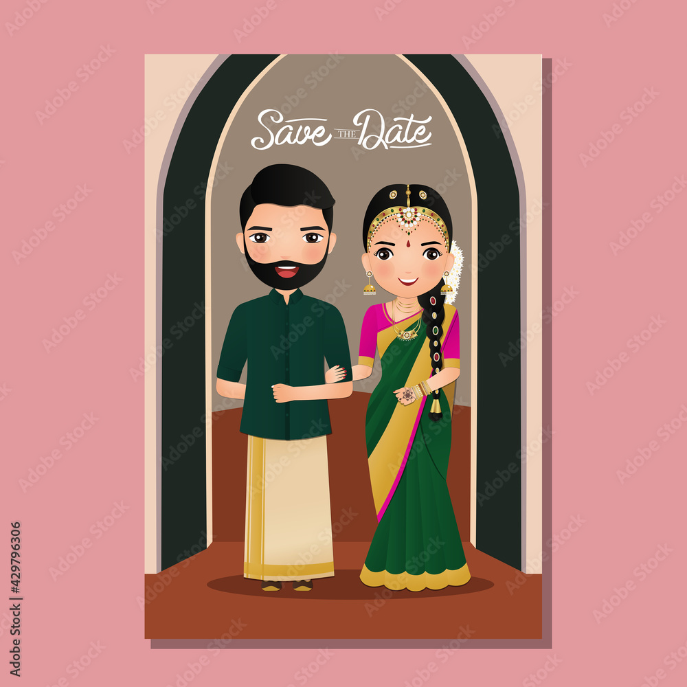 Wedding invitation card the bride and groom cute couple in traditional  indian dress cartoon character. Vector illustration. Stock Vector | Adobe  Stock