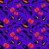 Halloween funny wizard hats, bats and pumpkins seamless pattern. Vector illustration.