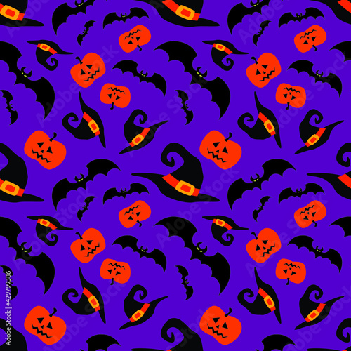 Halloween funny wizard hats, bats and pumpkins seamless pattern. Vector illustration. © Alexandra