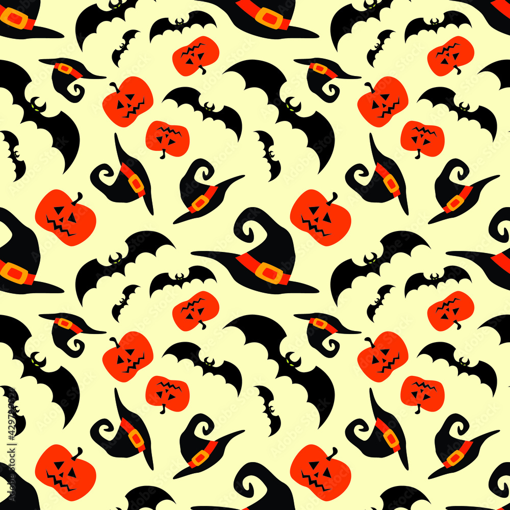 Halloween funny wizard hats, bats and pumpkins seamless pattern. Vector illustration. Halloween funny wizard hats, bats and pumpkins seamless pattern. Vector illustration.