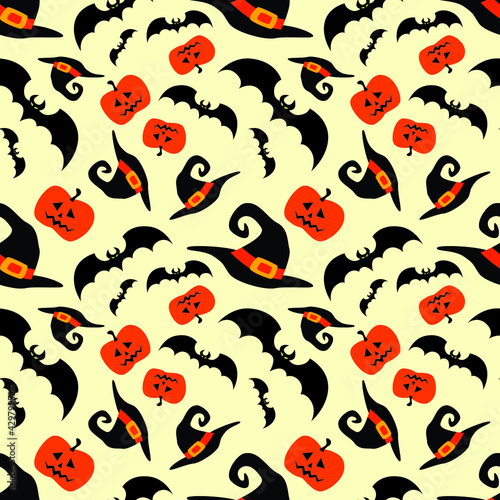 Halloween funny wizard hats, bats and pumpkins seamless pattern. Vector illustration.