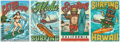 Hawaii surfing vintage colorful posters