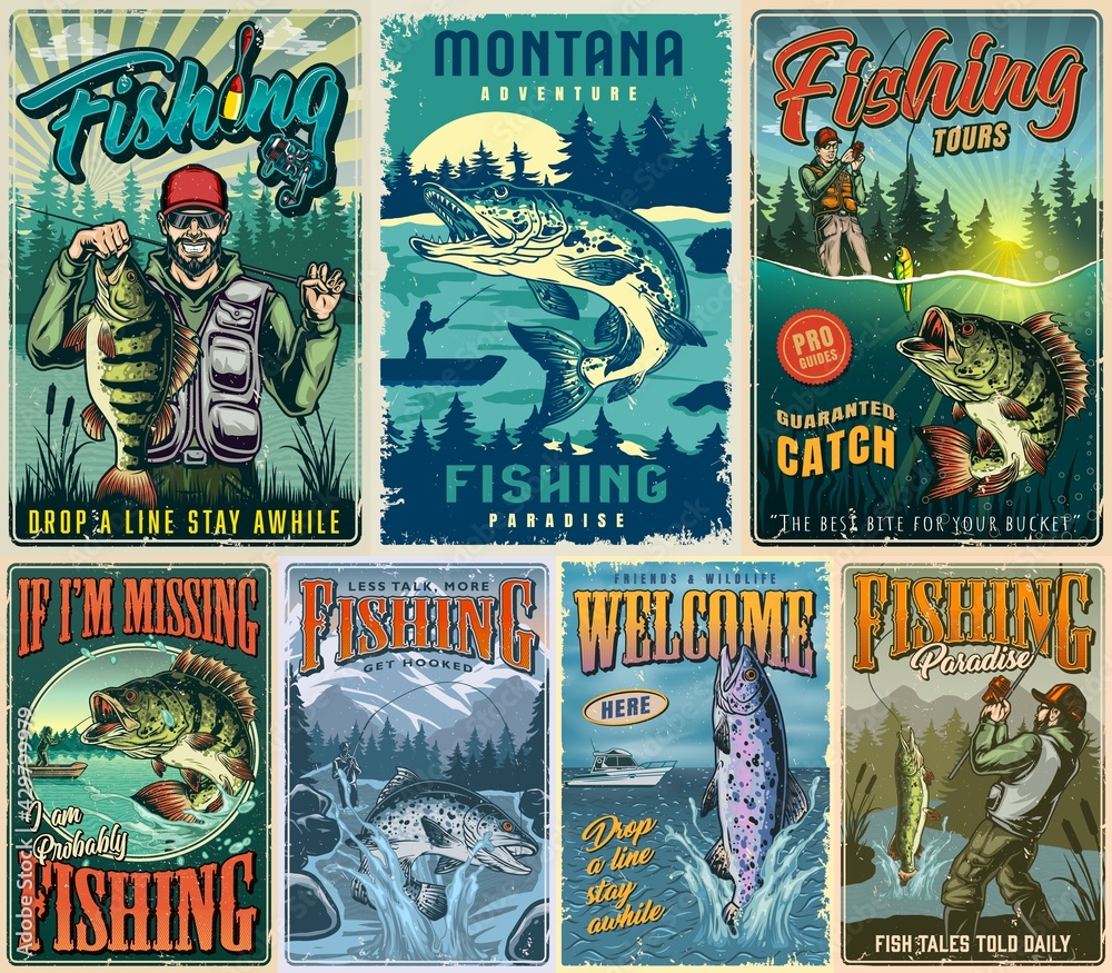 Fishing vintage colorful posters collection