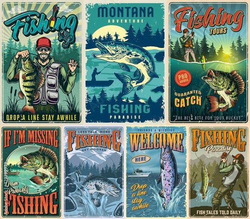 Fishing vintage colorful posters collection