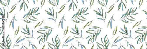 Seamless pattern of watercolor green branch, leaves for print, paper