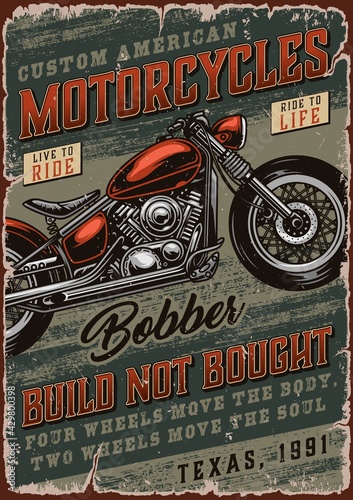 Bobber motorcycle vintage colorful poster