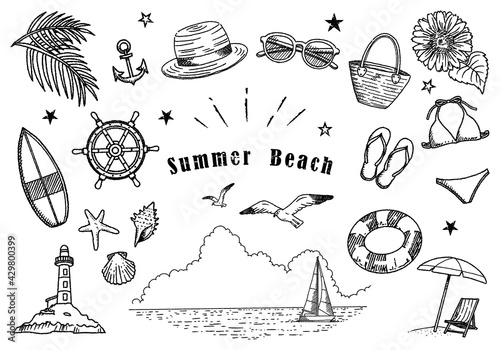 夏のビーチイラストセット　手描き線画　01