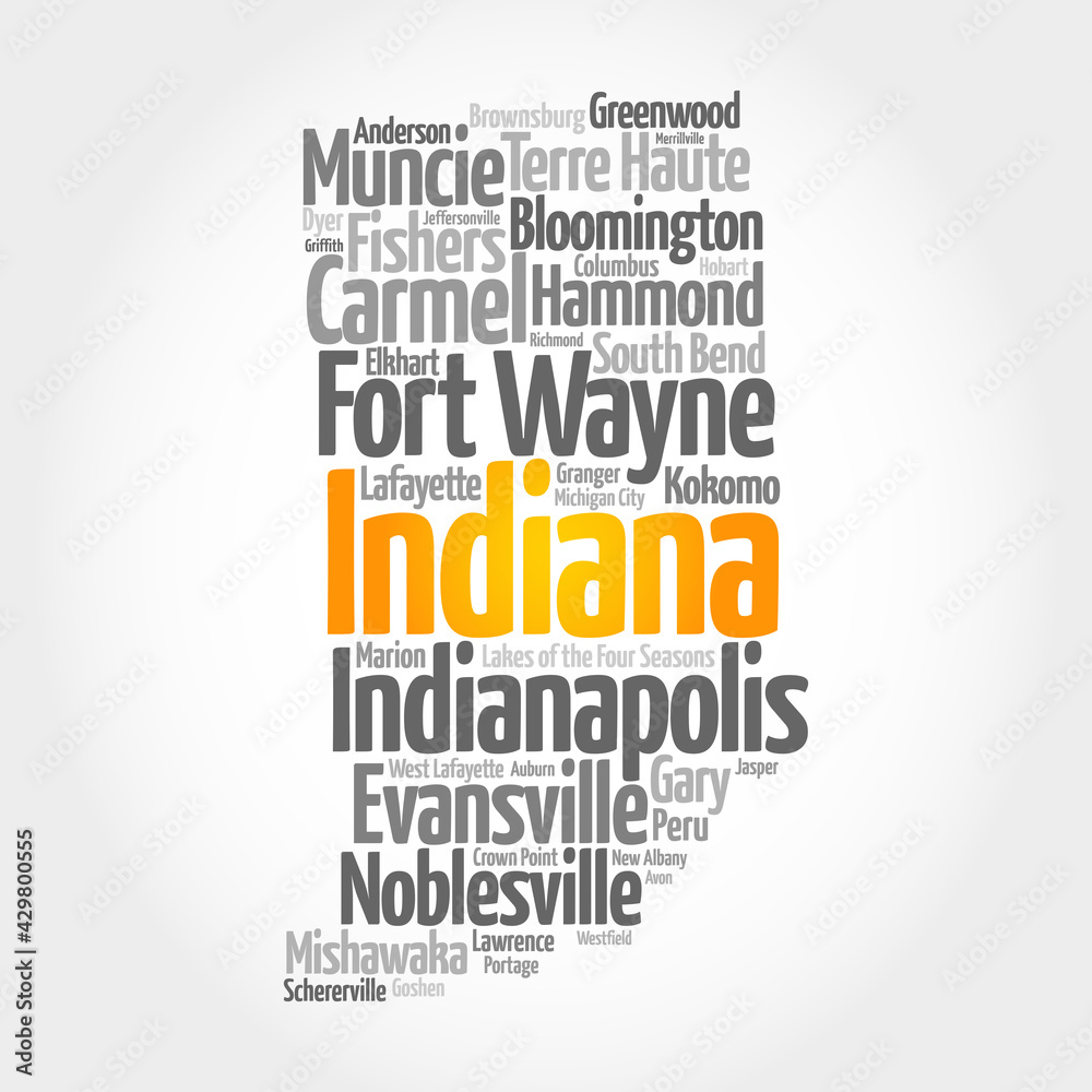 List of cities in Indiana USA state, map silhouette word cloud map concept background