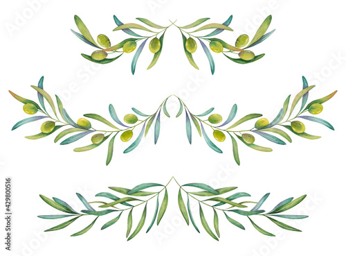 Green olive branches with leaves for decoration, vintage border