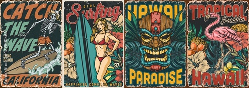 Surfing vintage colorful posters set