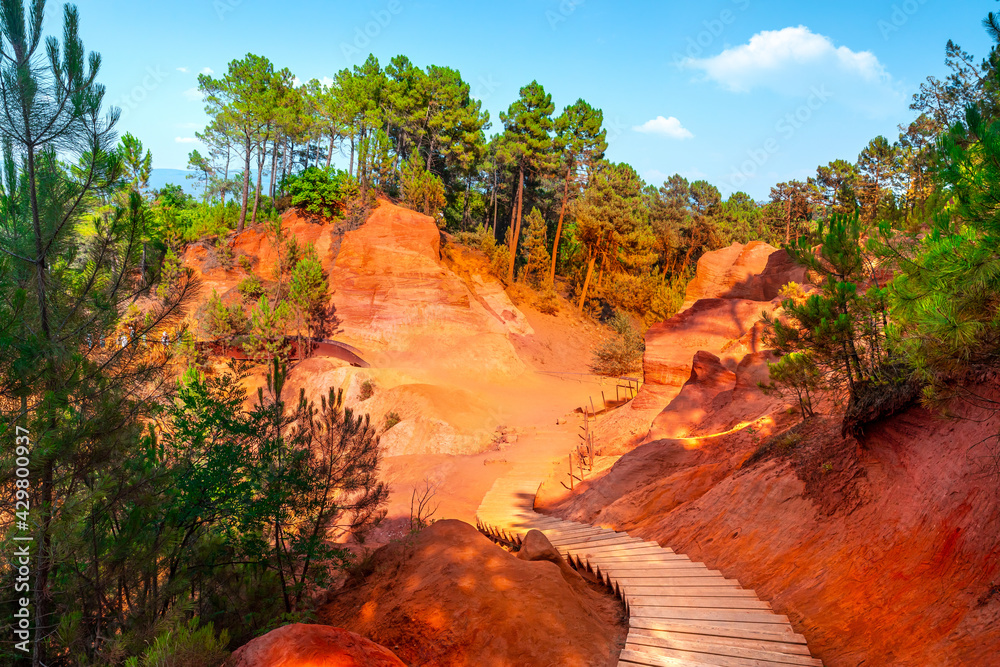 Roussillon, red rocks of Colorado colorful ochre canyon in Provence, landscape of France