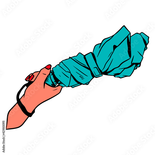 Umbrella for rain, snow and sun. Item for protection from bad weather. Umbrella in hand. Cartoon style.